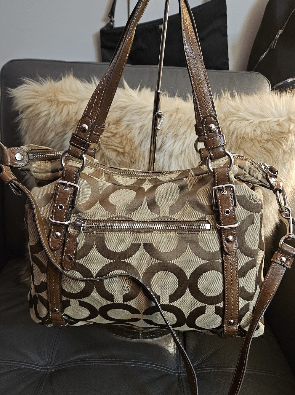 Coach Brown Signature Canvas Shoulder Bag with Tan Accents